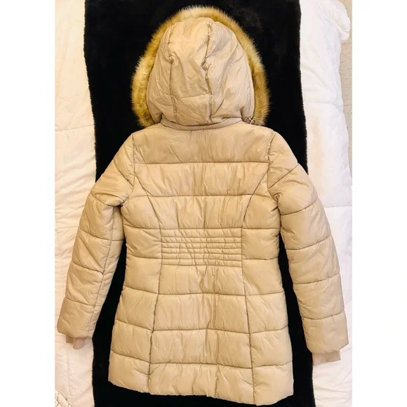 Michael Kors Faux Fur Trim Hooded Puffer Coat / Jacket Size Small Tan. - Picture 2 of 12